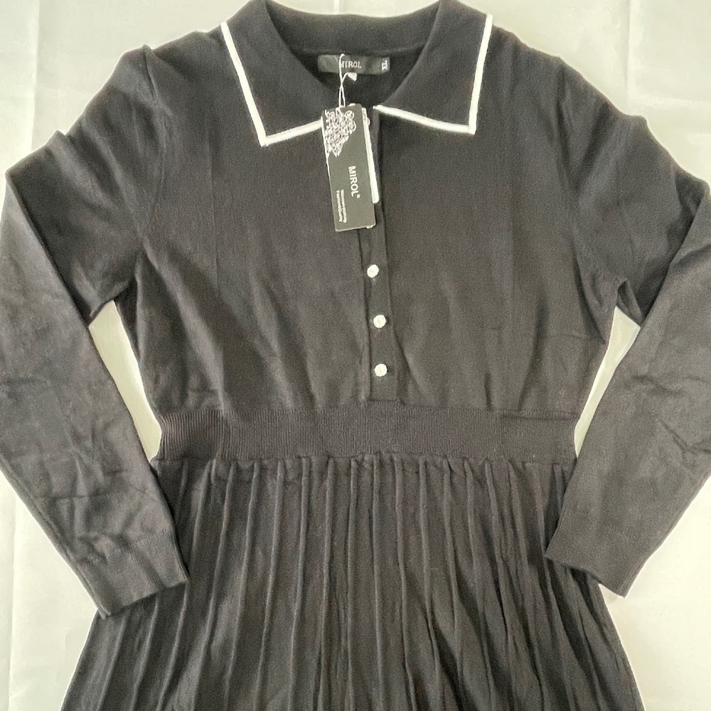 MIROL Sweater Dress Pleated Skirt Button Front Collar NWT - XL